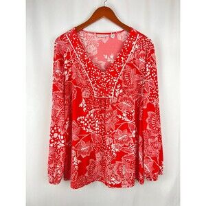 Susan Graver Women's 2X Red Floral Liquid Knit Stretch Tunic Bloomcore Stain
